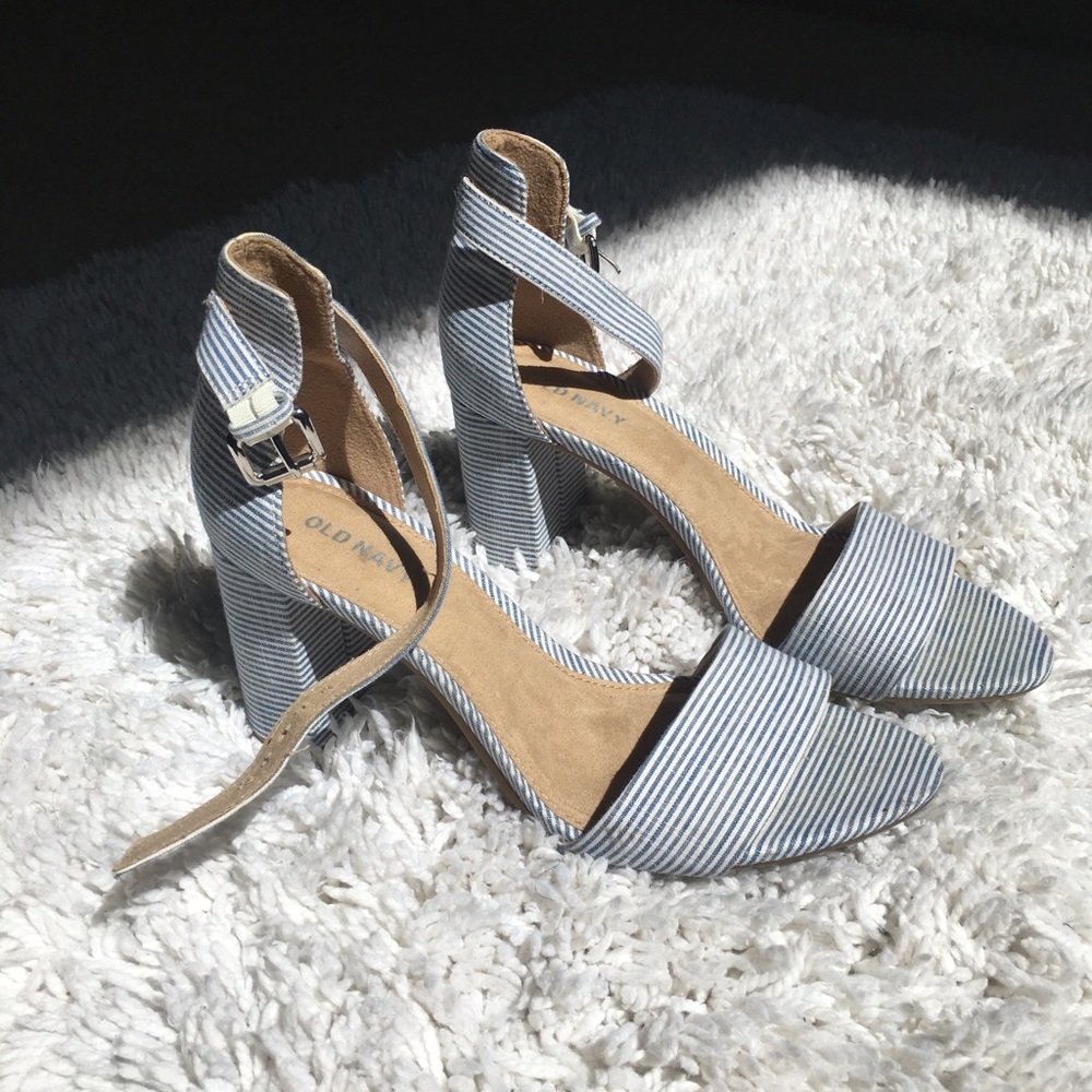 Blue and White Stripped Block Heels